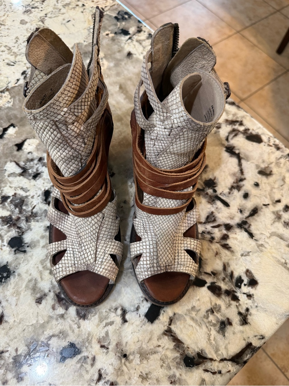 Freebird by Steven White Snake-Embossed and Brown Wrap-Heel Sandals